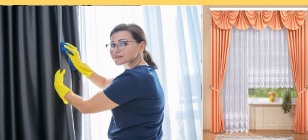 Mitarbeiterin reinigt eine Gardine am Fenster.